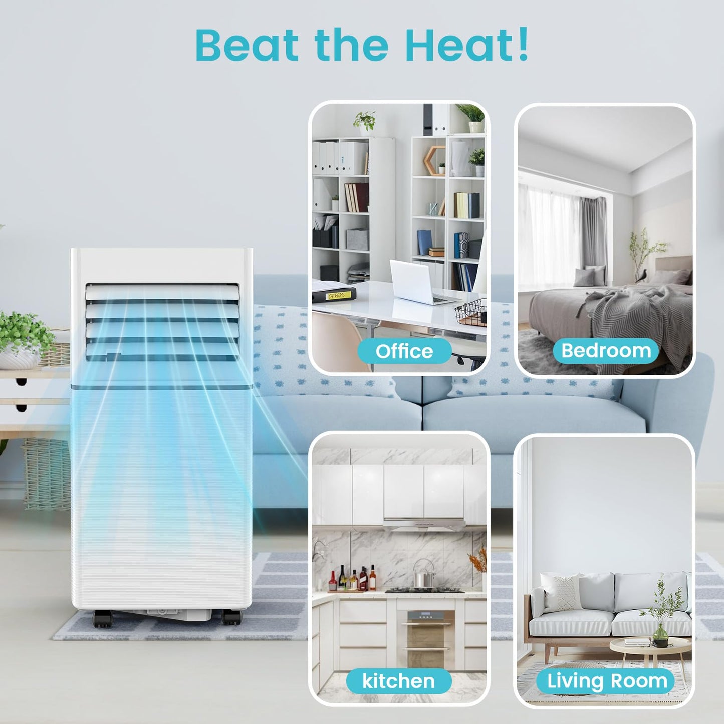 Electactic Portable Air Conditioner 8,000 BTU, 3-in-1 AC Cooler Dehumidifier Fan with LED Display, Remote Control, Quiet, Sleep Mode, 360° Casters, Window Kit for Room Office Apartment Garage