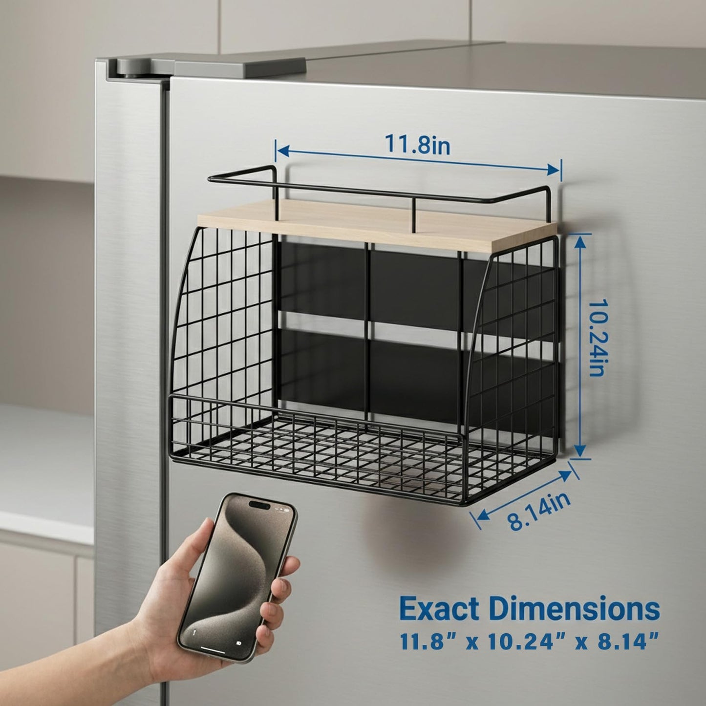 REFGY Magnetic Shelf for Fridge - 35LBS Max Load Magnetic Basket for Refrigerator Side, Large Magnetic Spice Rack with Removable Hooks & Top Natural Texture Board.