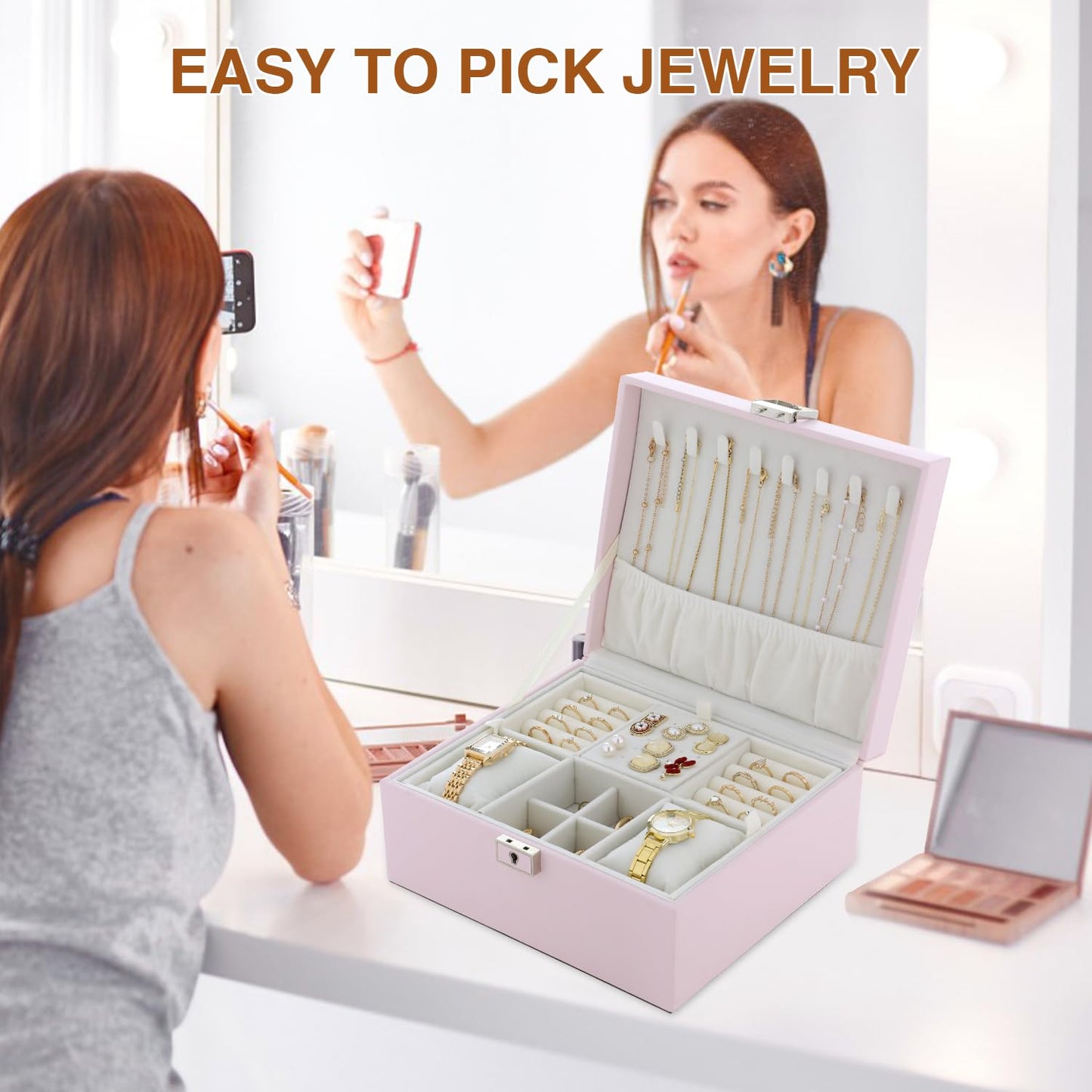 Jewelry Organizer Box for Girls Women,Large Genuine Leather Jewelry Organizers and Storage with Earring Holder Organizer Removable Velvet Jewelry Tray,Christmas Gifts Jewelry Box for Girls 8-12,Pink