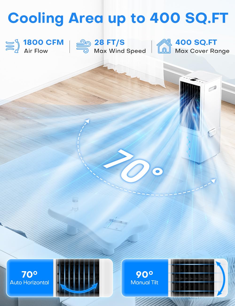 COOLECH Windowless Air Conditioner w/4 Mode & 3 Speed, Waterless Alert, 2.4-Gal Tank for 24H Cooling, 12H Timer,20FT Remote, 70° Auto Swing Evaporative Air Cooler, Portable Air Conditioner for Bedroom