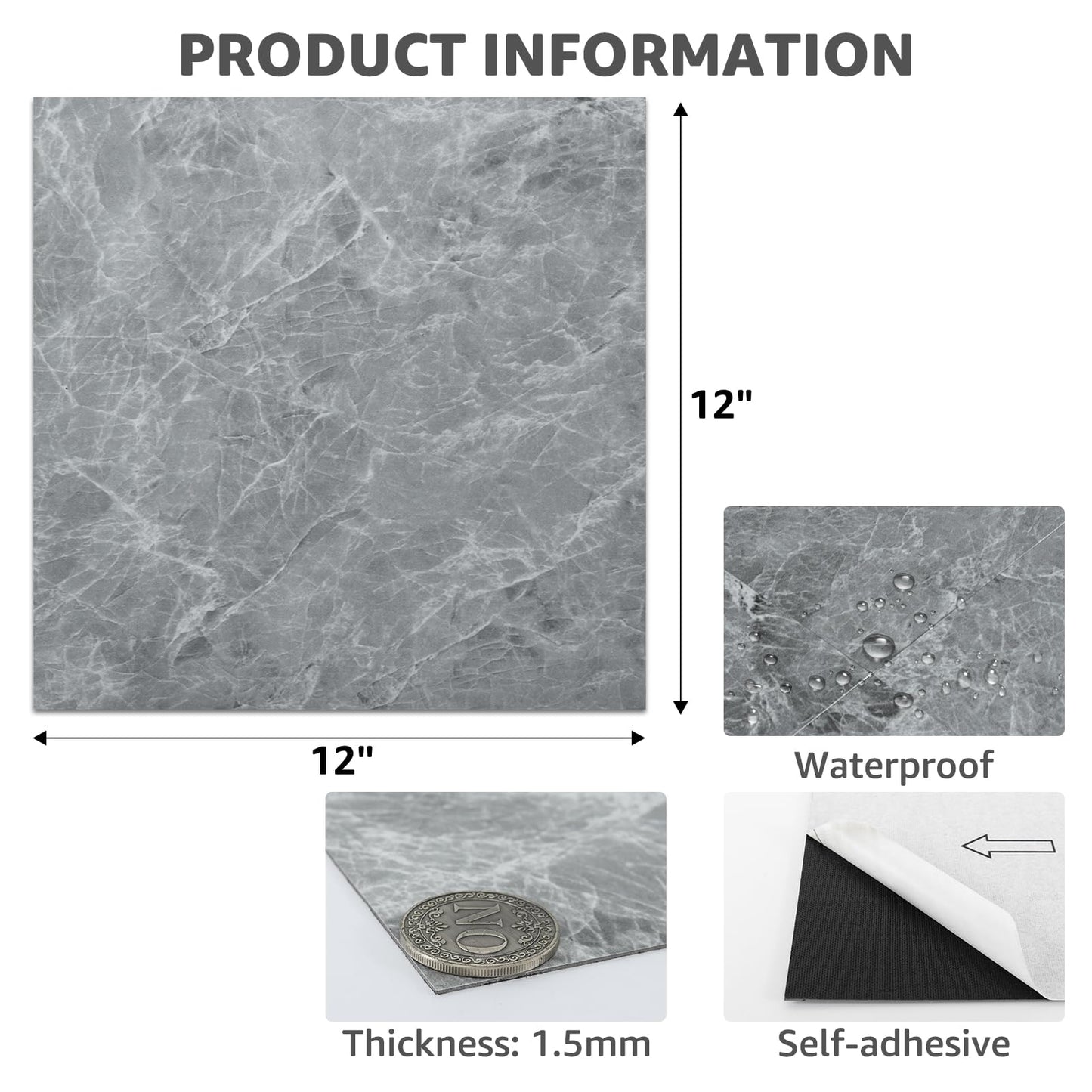 Art3dwallpanels Peel and Stick Floor Tiles 30-Pack 12 x 12 inch, Self Adhesive Waterproof Vinyl Flooring Marble Pattern for Kitchen, Dining Room, Bedrooms, Cover 30 Sq. Ft, Grey Marble