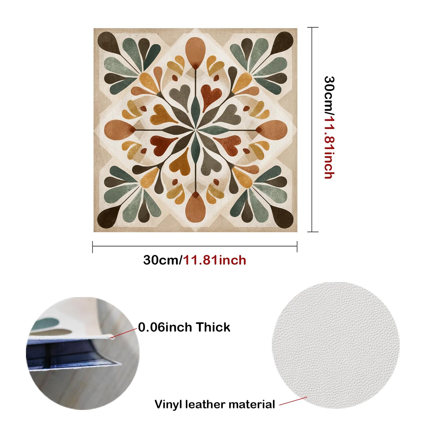 Nuxovilar Peel and Stick Vinyl Floor Tiles, 12x12 Inch Retro Geometric Floral Pattern, Self-Adhesive Flooring (10 Pcs)