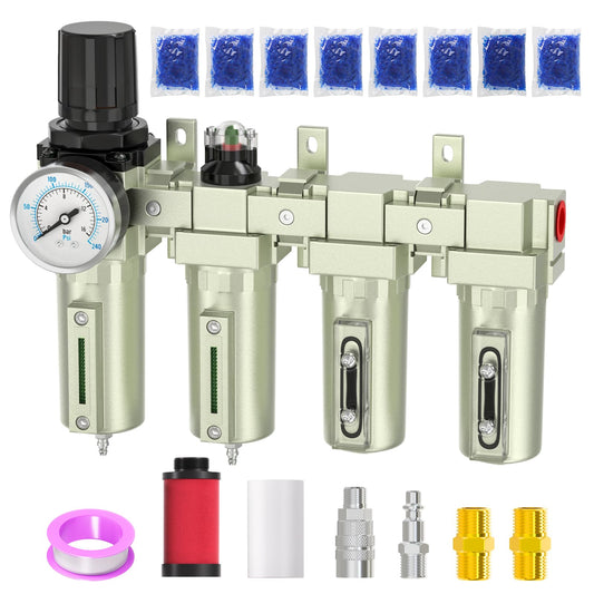 BOGERDACK Industrial Grade 4-Stage Air Drying System, 3/4" NPT with manual drain, desiccant dryer, air regulator, Particulate Filter and Coalescing Filter for for Paint Spray， Plasma Cutter