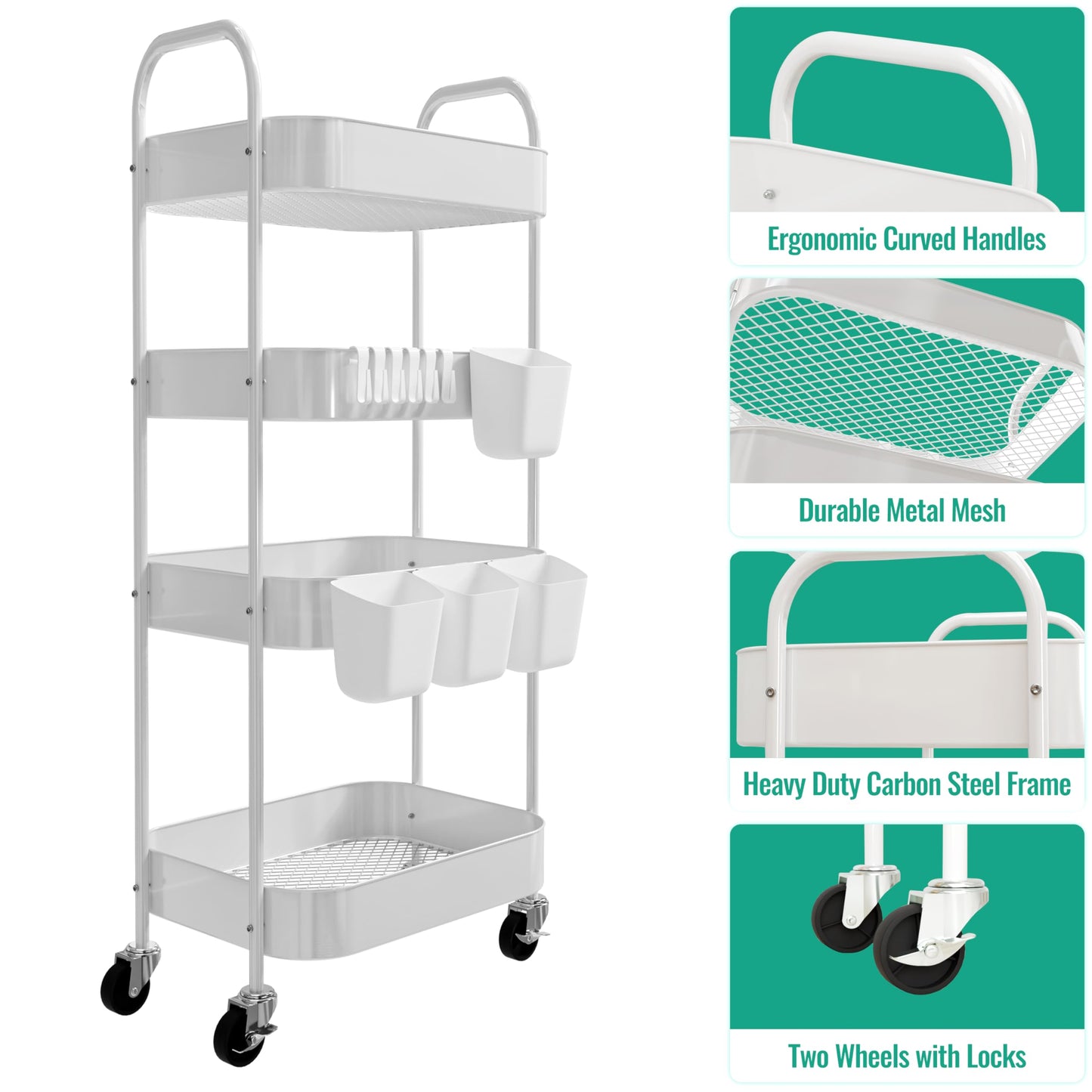 Ytmshisan 4-Tier Metal Rolling Cart with Wheels, Storage Utility Organizer Cart for Kitchen, Bathroom, Office, Baby Essentials & Makeup - Lockable Casters, Easy Assembly, Large Capacity, White
