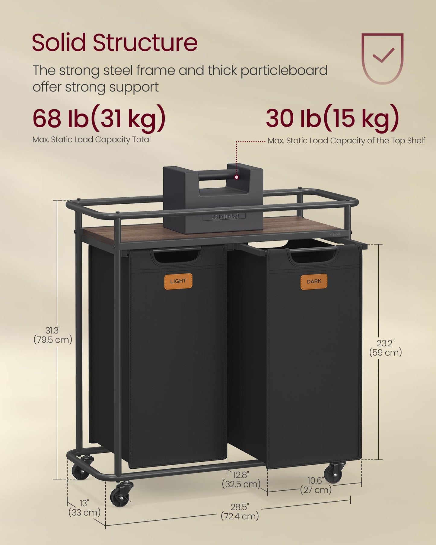VASAGLE Laundry Sorter, Laundry Hamper with Wheels, 26.4 Gal. (100 L) Portable Rolling Cart Baskets with Shelf, 2 Removable Liners and 6 Labels, Ink Black and Chestnut Brown UBLH102BH01