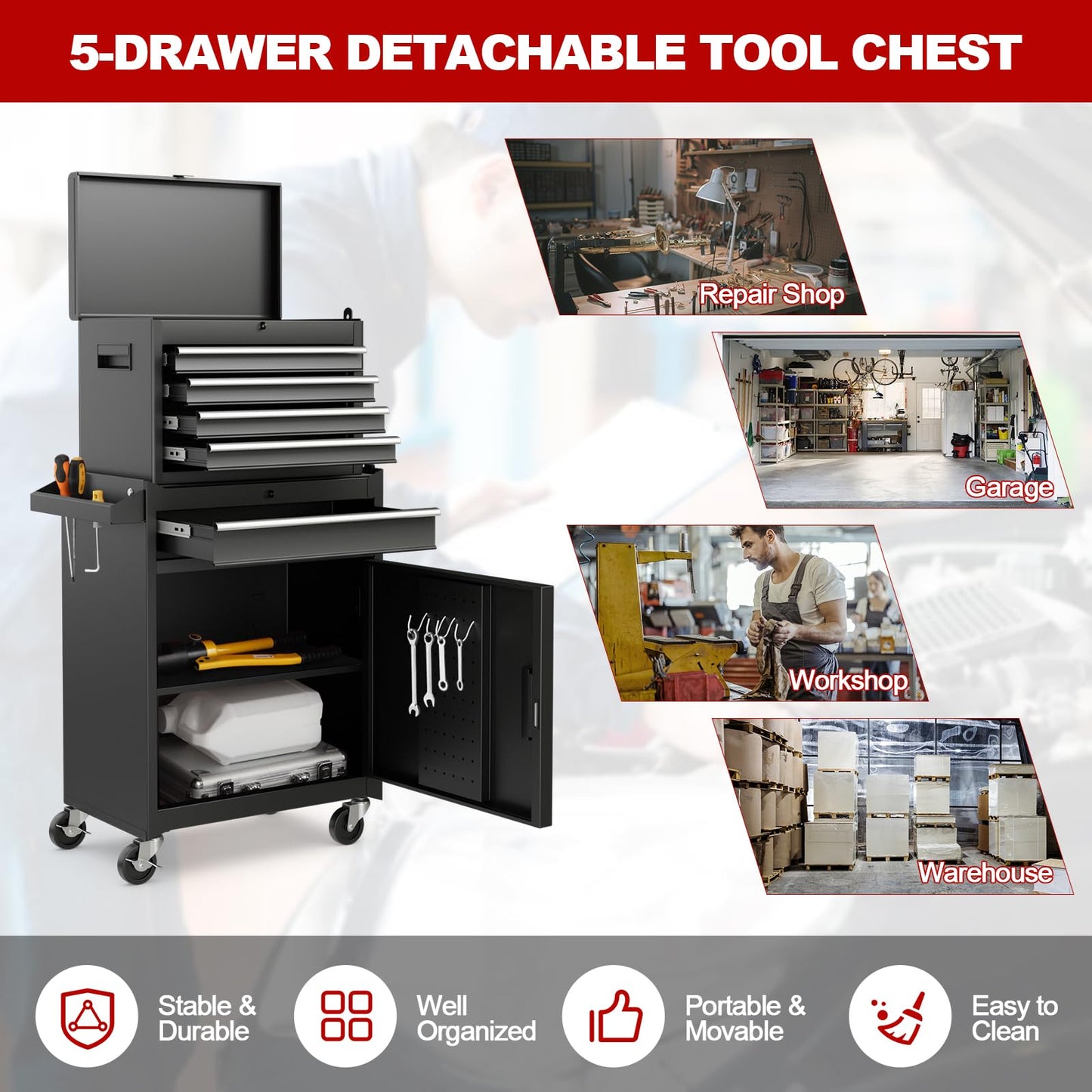 Goplus Tool Chest, 5 Drawers Rolling Tool Cabinet with Detachable Top Toolbox, Universal Lockable Wheels, Lock Bar, Protective Liner & Tool Rack, Metal Tool Storage Cart, Tool Box for Garage Workshop