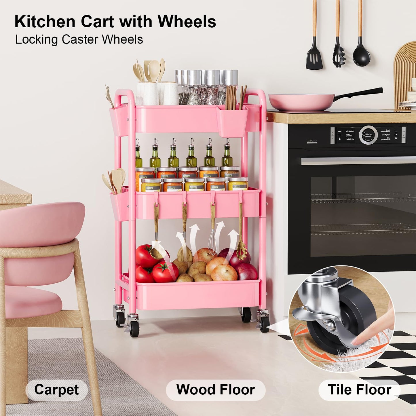 3 Tier Rolling Cart Metal with Lockable Wheels, Pink Three Tiered Diaper Caddy Cart Organizer on Wheels, Storage Utility Trolley Carts for Craft, Art, Nail, Lash, Baby Supplies, Cleaning, Mesh