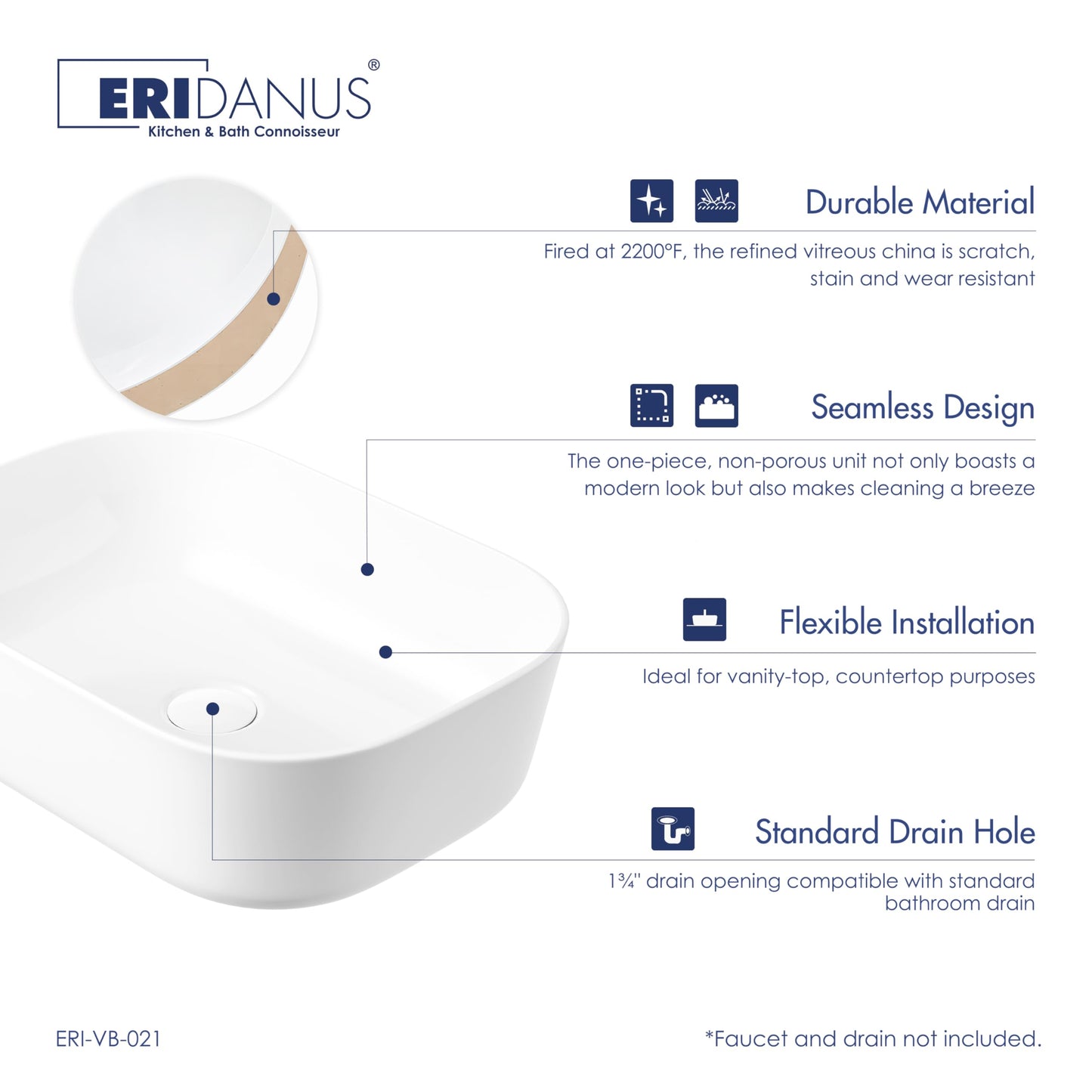 Bathroom Vessel Sink, Eridanus 18" x 13" White Vessel Sink Rectangular Bathroom Sink Porcelain Ceramic Vessel Sinks for Bathroom Vanity Sink Above Counter Basin