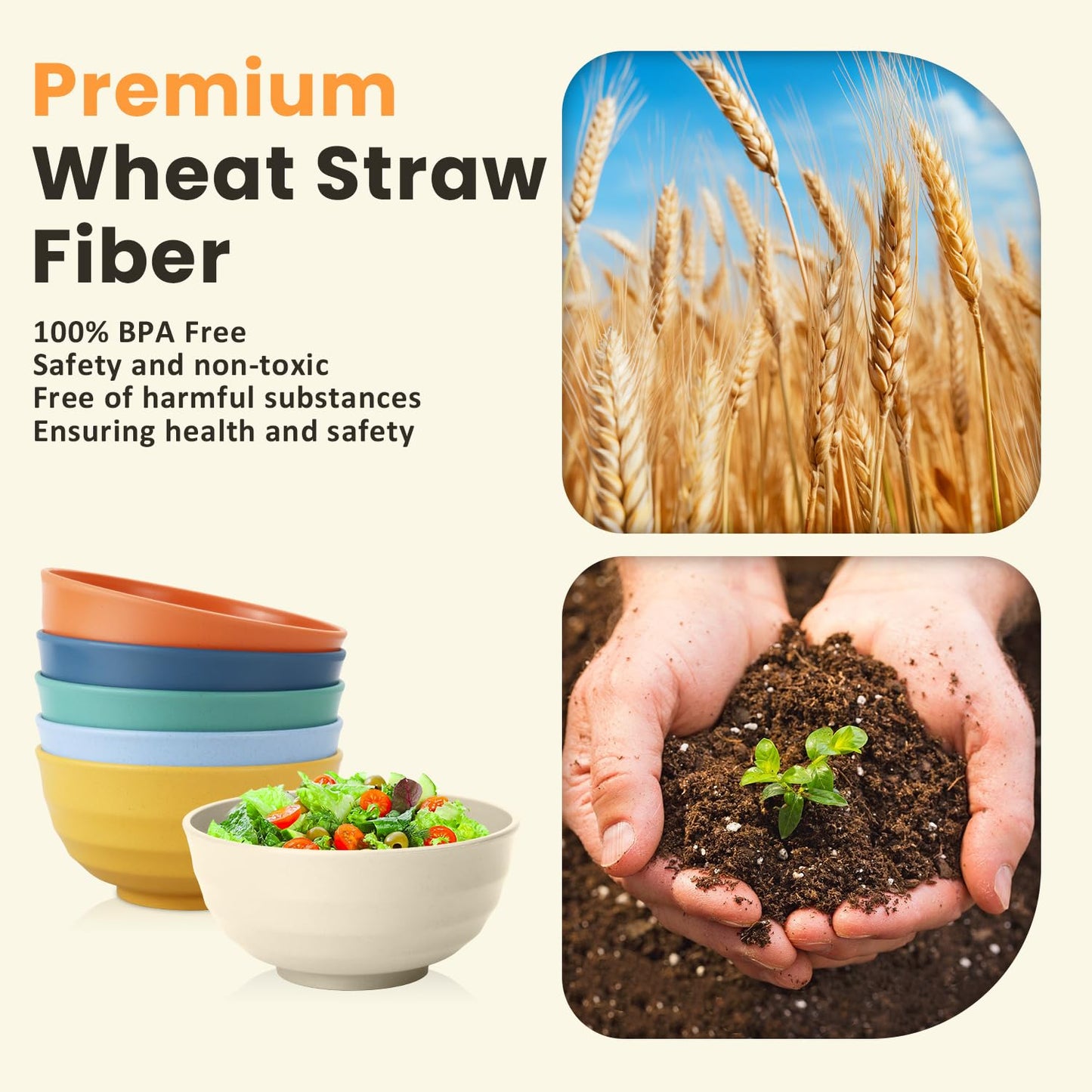 Homienly Large Bowl Set of 6, 60 oz Unbreakable Wheat Straw Bowls, Microwave Safe & Reusable for Salad, Cereal, Soup, Ideal for Camping, Picnic, Family Dining (Multi)