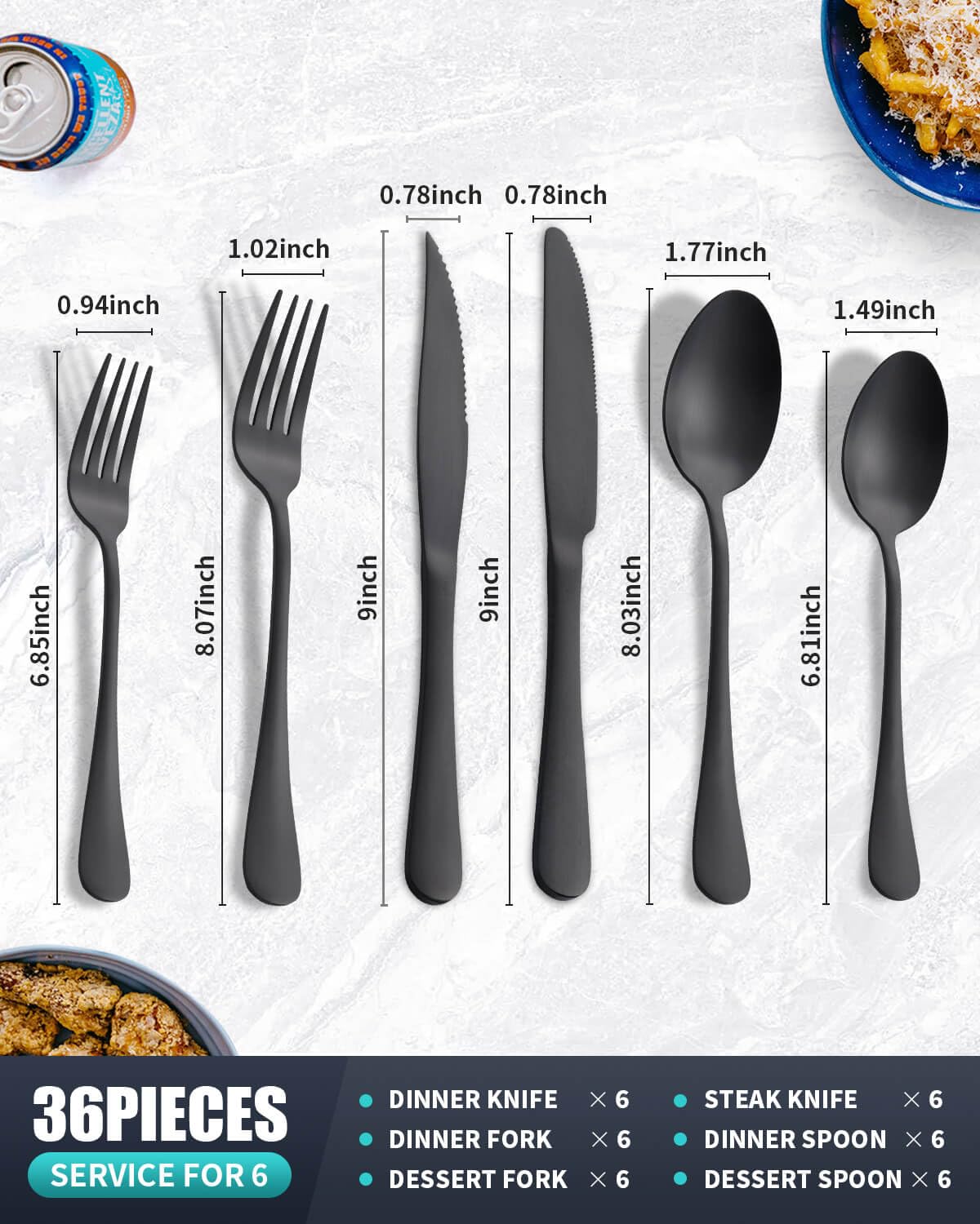 Joincook 36-Pieces Matte Black Silverware Set with Steak Knives,Stainless Steel Flatware Set for 6,Modern Cutlery Utensils Set,Spoons and Forks Set for Restaurant,Dishwasher Safe