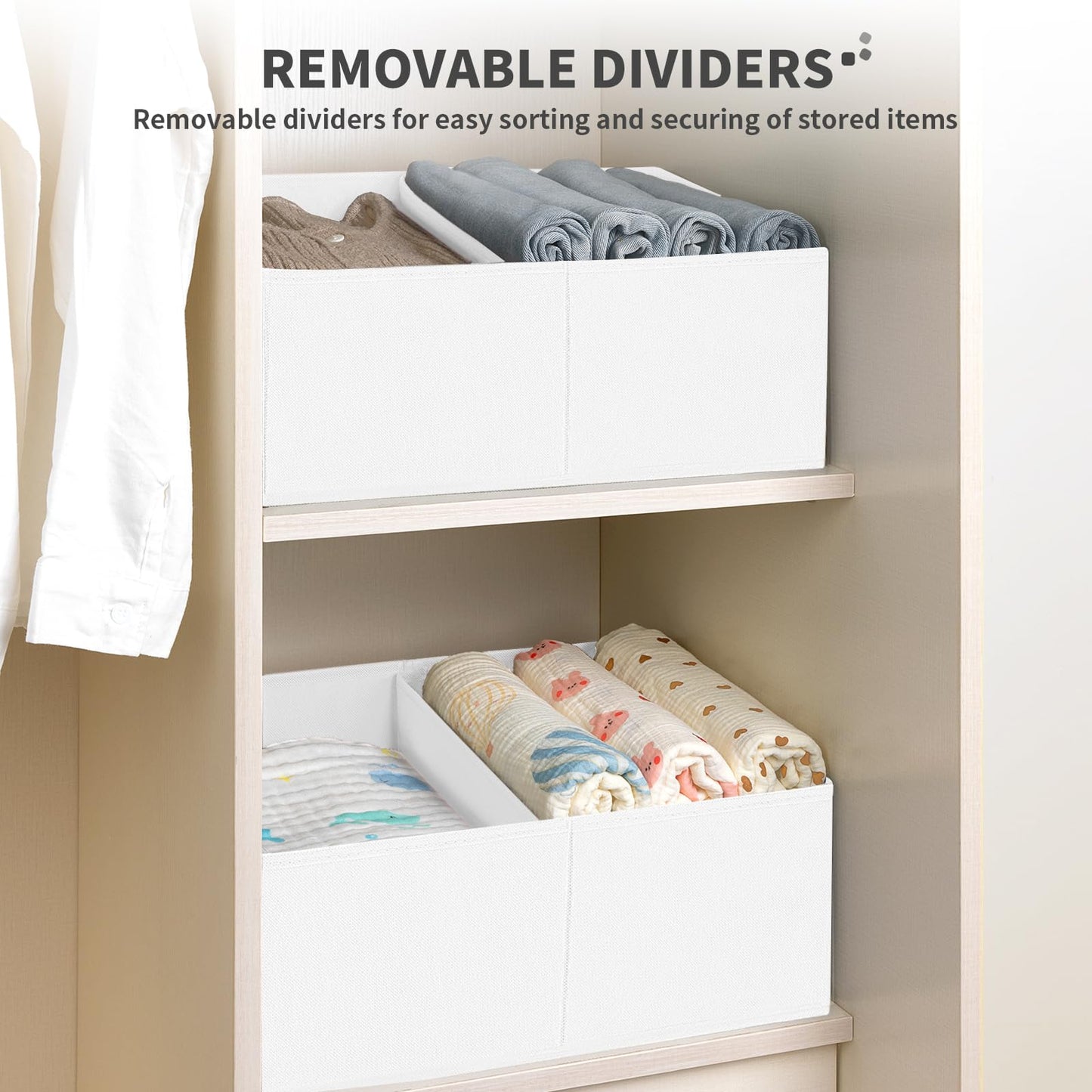 DIMJ Large Closet Shelf Organizer Bins 6 Packs with Handles and Divider, Fabric Trapezoid Storage Baskets, Foldable Clothes Containers Box for Shelf, Towel, Book, Toy, Purse, Hats, ,White