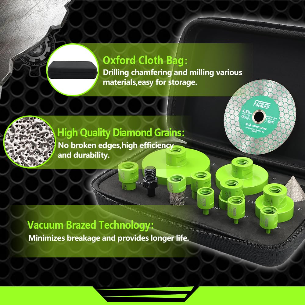 Tile Hole Saw Kit Diamond FACHLICH 4" Diamond Core Drill Bits Set and 4.5" Diamond Cutting Grinding Blade for Porcelain Ceramic Tile Marble Granite etc