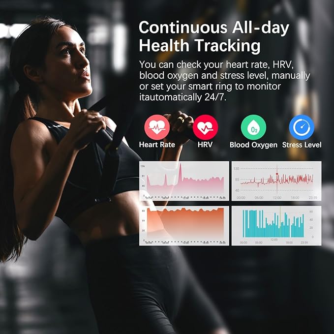 Smart Health Ring for Women Men, Fitness Tracker Ring with Heart Rate, Blood Oxygen, Sleep Tracker, Step Tracker, No Subscription Fee, IP68 Waterproof Smart Ring for iPhone & Android (Gold, 7#)