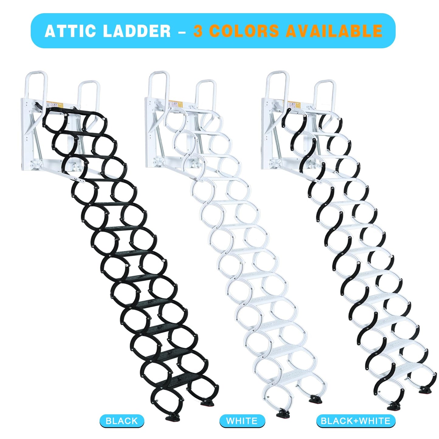 12 Steps Wall-Mounted Attic Ladder, Attic Pull Down System, Retractable Ladders for Loft, Metal Folding Attic Ladder Telescoping Steps, Pull Down Stairs for Attics Garages Roofs (Black-White, 12 Step)