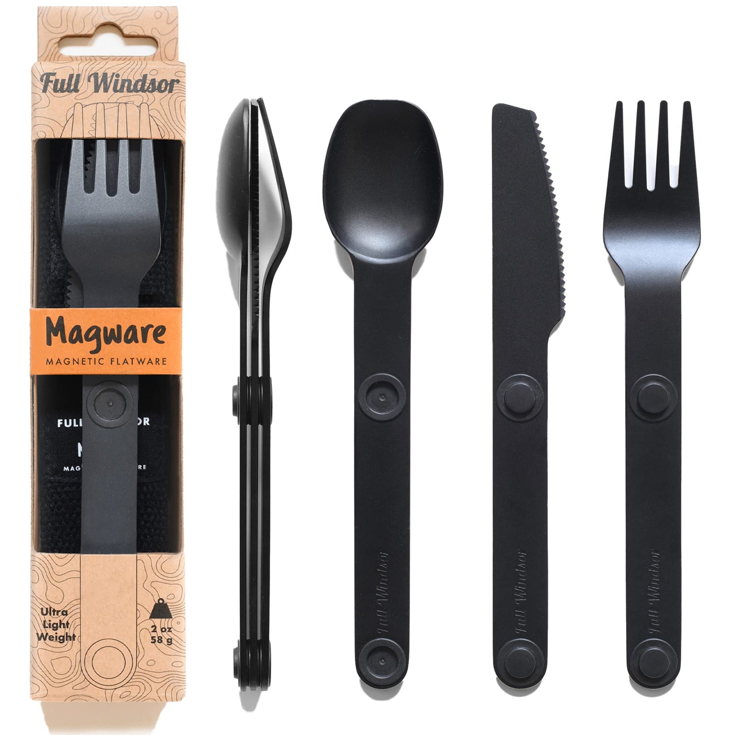 FULL WINDSOR Magware Camping Set - Travel Utensils for Outdoor Dining, Backpacking & Camping Essentials - Knife, Fork & Spoon with Pouch - Magnetic Silverware Lunchbox Utensils Cutlery - Black (3 PCS)