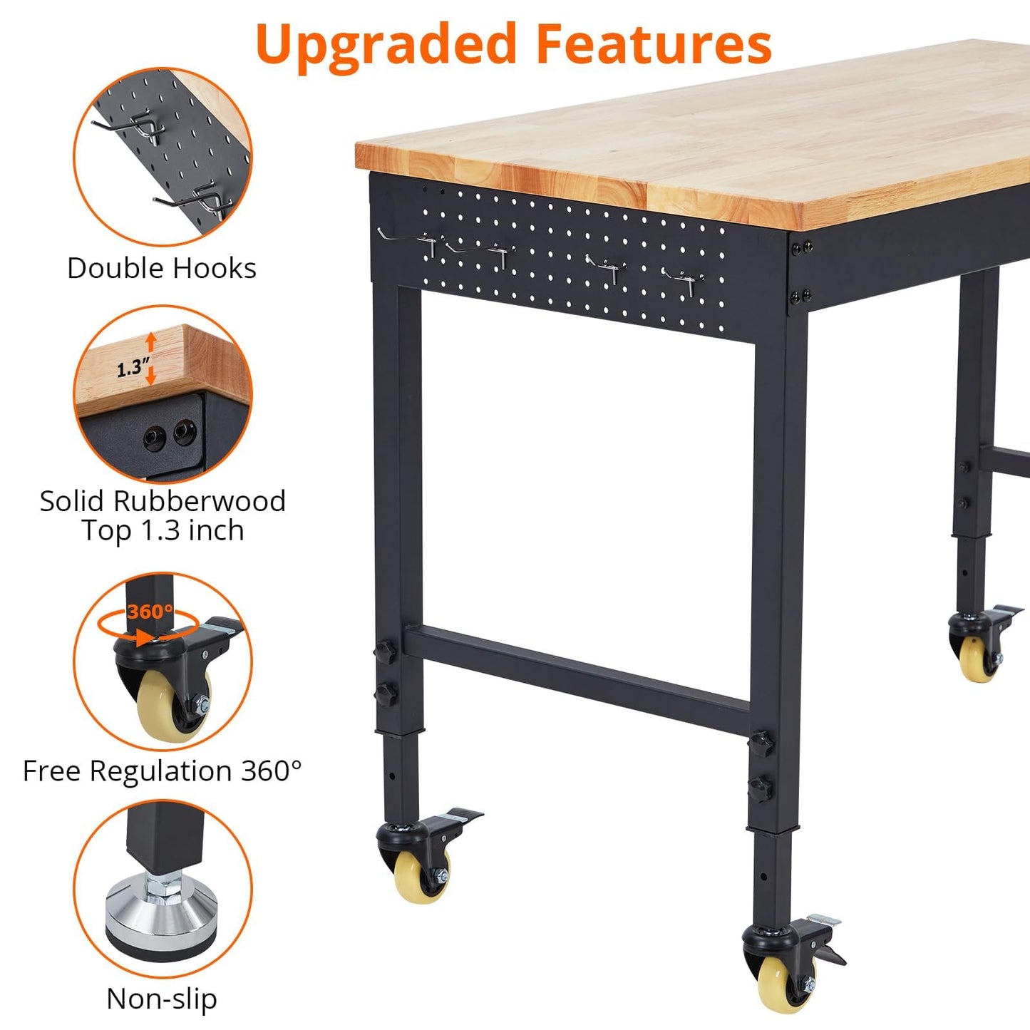 48"x24"x1.2" Heavy Duty Adjustable Workbench with Rubber Wood Top, 9 ft Power Strip, 2000 LBS Load, Lockable Wheels, ETL Certified, Black Garage & Workshop Table