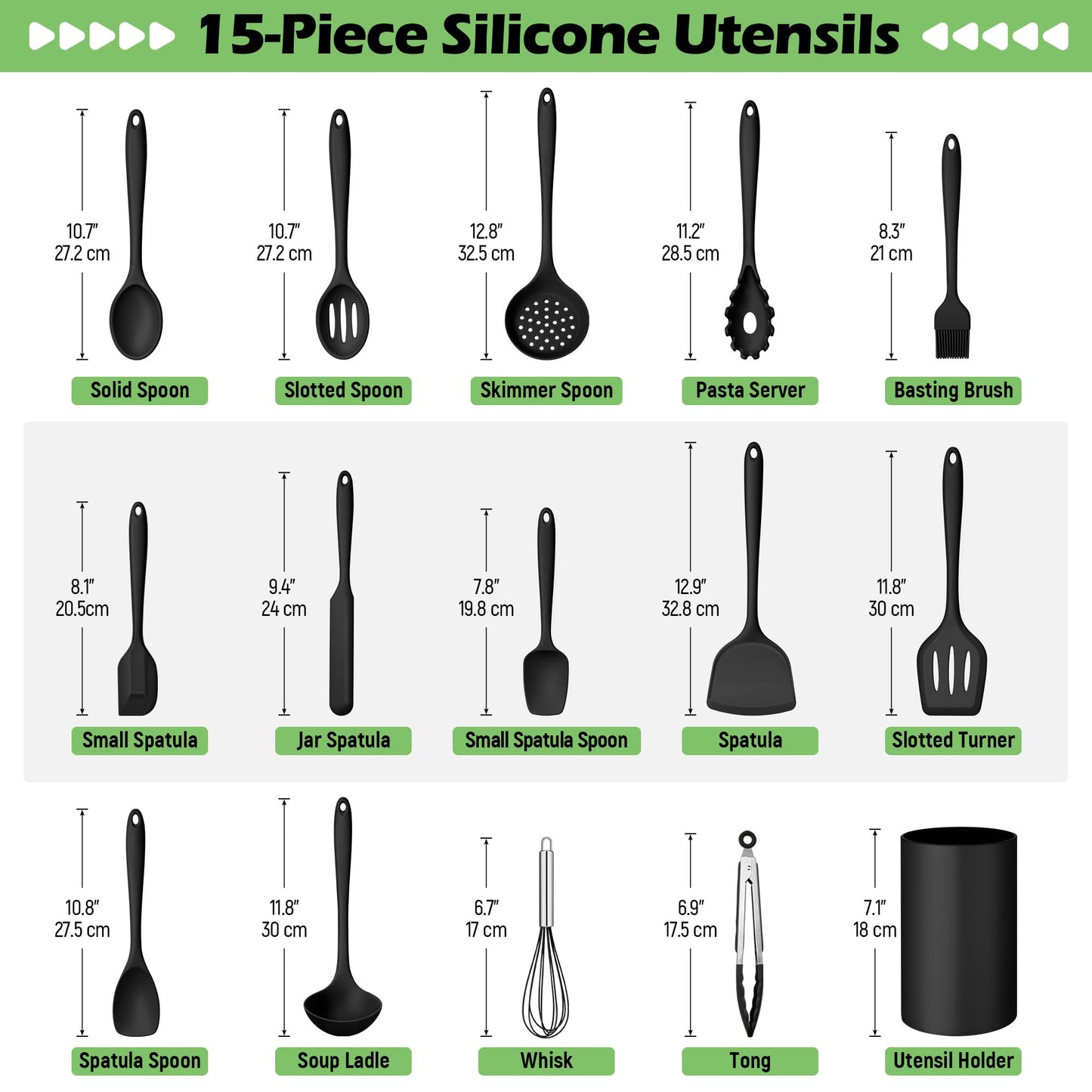 Homikit Silicone Cooking Utensil Set, 15pcs Kitchen Utensils with Holder for Nonstick Cookware, Heat Resistant Nontoxic Silicone Spatula Set Dishwasher Safe Kitchen Tools for Baking-Black