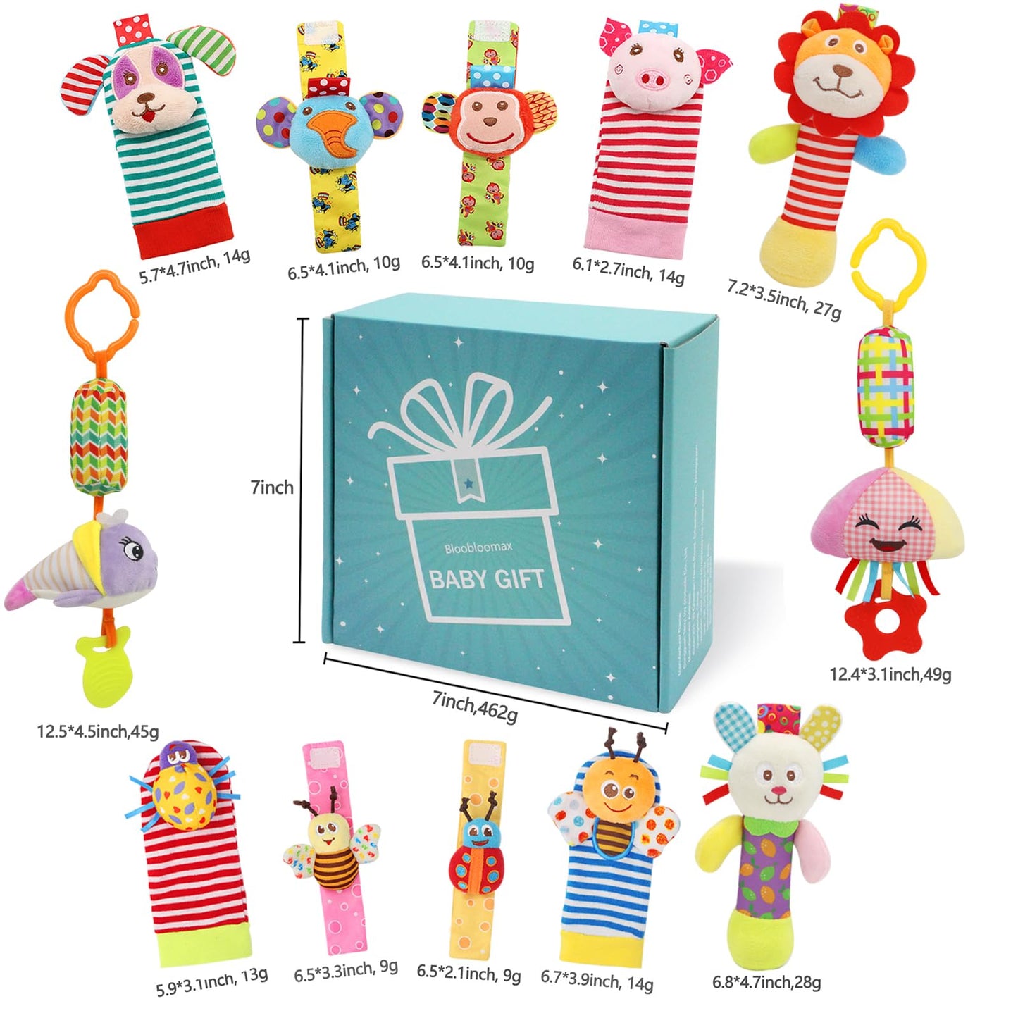 Baby Hanging Toy, Wrist Rattles, Rattle Socks, Handheld Wearable Washable Adjustable Rattle Toy, Newborn Present Baby Shower Birthday Gift Set for 0 1 2 3 Years Old Babies (12PCS-J)