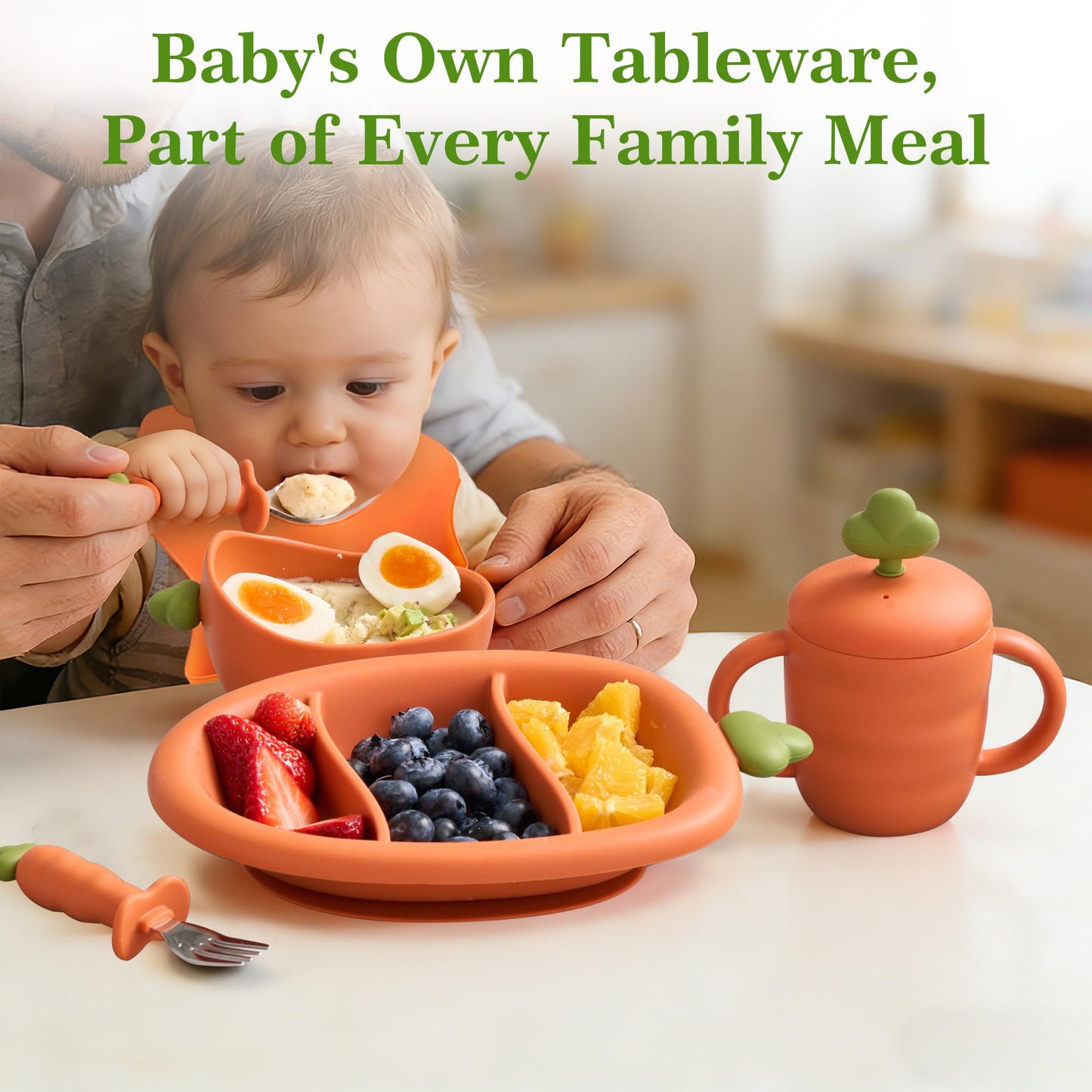 COZY ROCK Silicone Baby Feeding Set, Carrot Design BLW Toddler Feeding Set with Suction Plate & Bowl, Bib, Fork & Spoon, 2-in-1 Straw and Snack Cup, BPA-Free Baby Tableware for Starting Solids