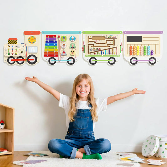 Spacocld Montessori Sensory Board - Electric Train Wooden Wall Busy Board, Toddler Learning Panel Wall-Mounted, Educational Toys for 3-6 Years, Interactive Playroom Activity Gifts for Kid