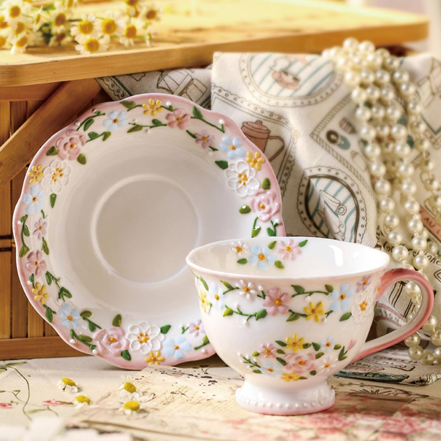 ZLUDIO Handmade Ceramic Cup and Saucer Set, 7 Oz Flower Bone China Cappuccino & Tea & Latte Coffee Cup For Women Tea Party & Christmas & Mother's Day(1 Set, Pink)