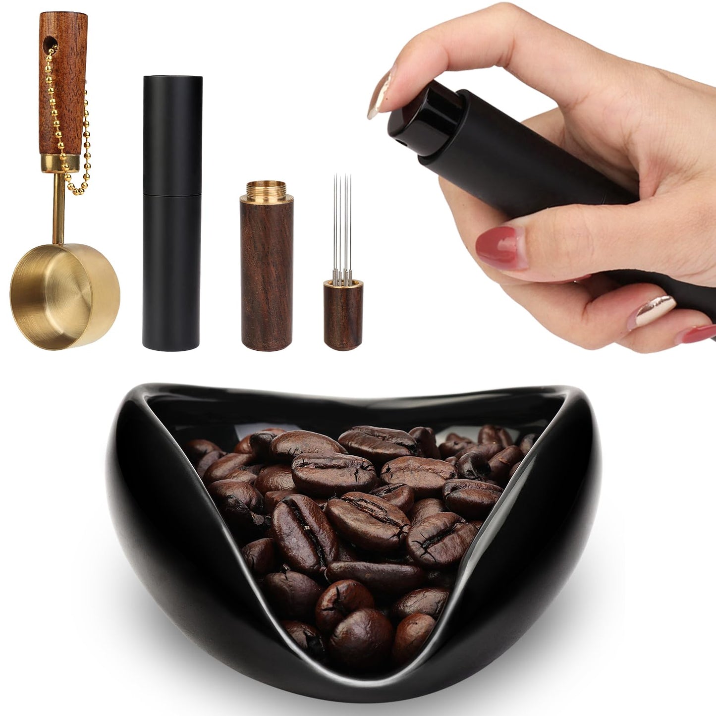 FWUNYVN 4Pcs Coffee Bean Dosing Cup, Spray Bottle, Spoon and Stirrer Tool Set, Coffee Bar Accessories Ceramic Espresso Dosing Funnel Spray Bottle for Reducing Coffee Static, Coffee Lover Gift (Black)