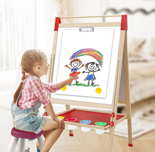 Juivin Double Sided Chalk & White Board Magnetic Art Easel for Kids, Adjustable Height Wooden Easel with Alphabet Numbers, Paper Roll, Educational Toys for Toddlers