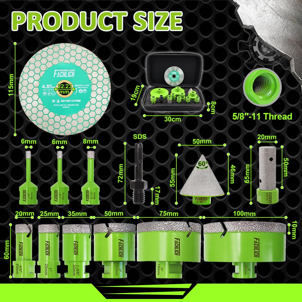 Tile Hole Saw Kit Diamond FACHLICH 4" Diamond Core Drill Bits Set and 4.5" Diamond Cutting Grinding Blade for Porcelain Ceramic Tile Marble Granite etc