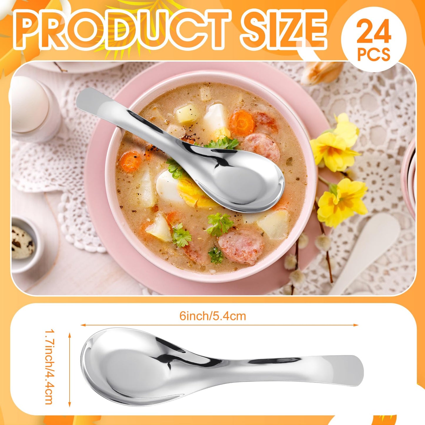 Tioncy 24 Pcs Stainless Steel Soup Spoons Bulk 6 Inch Mirror Polished Asian Spoons for Bouillon Dessert Cereal Ramen Pho Wonton Dumpling Noodles, Dishwasher Safe
