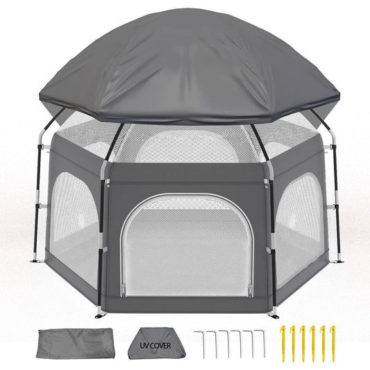 Baby Playpen with Canopy, Portable Outdoor & Indoor Baby Beach Tent for Babies and Toddlers, Foldable Play Yard with Mosquito Net, Travel Play Yard Includes Sand Stakes & Carry Bag