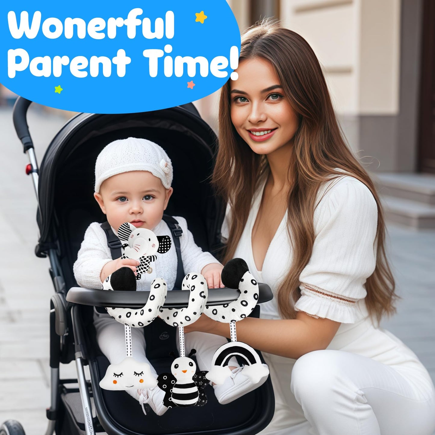 TSYAN High Contrast Baby Toys for Babies 0-6 Months, Black and White Baby Sensory Toys with Car Seat Toys,Infant Toys with Black White Book, Hanging Rattle Toys for Baby Gifts