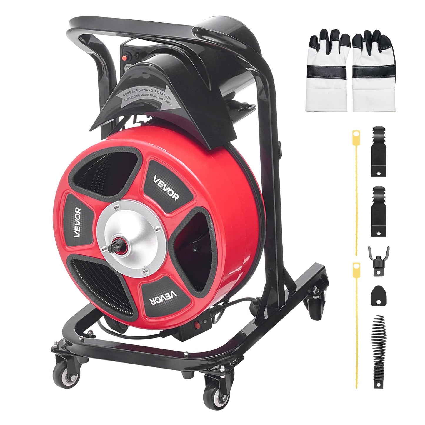 VEVOR Drain Cleaner Machine 50 FT x 1/2 Inch, Manual Feed Sewer Snake Auger on Wheels - with 4 Cutters & Air-activated Foot Switch for 2" to 6" Pipes