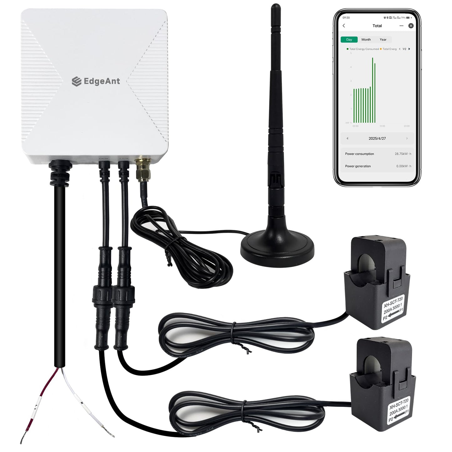 WiFi Energy Monitor with 2 * 200A Clamps, Real-Time Electricity Tracking, Smart Home Power Management, WiFi Meter Solar/Net Metering, Home Energy Automation and Control