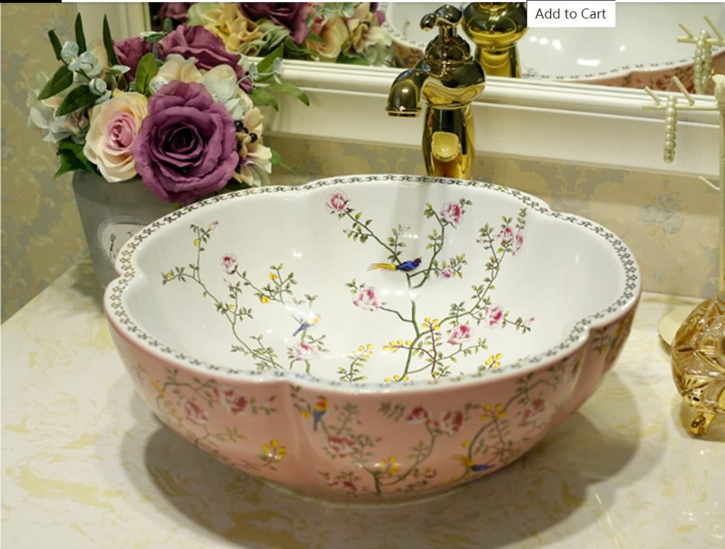 Jdzlanwtart Bathroom Vanity Top Vessel Sink Pink Color American Style Ceramic Countertop Sink Bowl with Flower Bird Pattern without Faucet - Above Counter Installation - 16.4"L x 16.4"W x 5.9"H