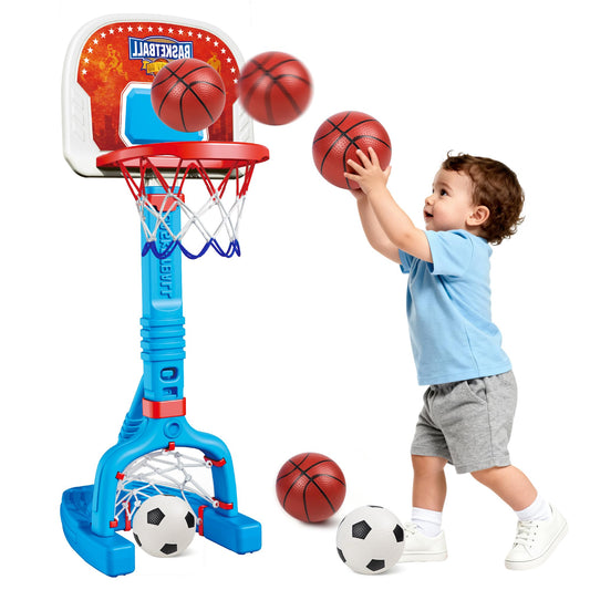 LPFG Toddler Basketball Hoop Indoor, Adjustable Kids Basketball Hoop and Soccer Goal for Ages 1-3 3-5, Portable Mini Basketball Hoop Set with 4 Balls for Boys Girls Child Indoor Outdoor Poolside