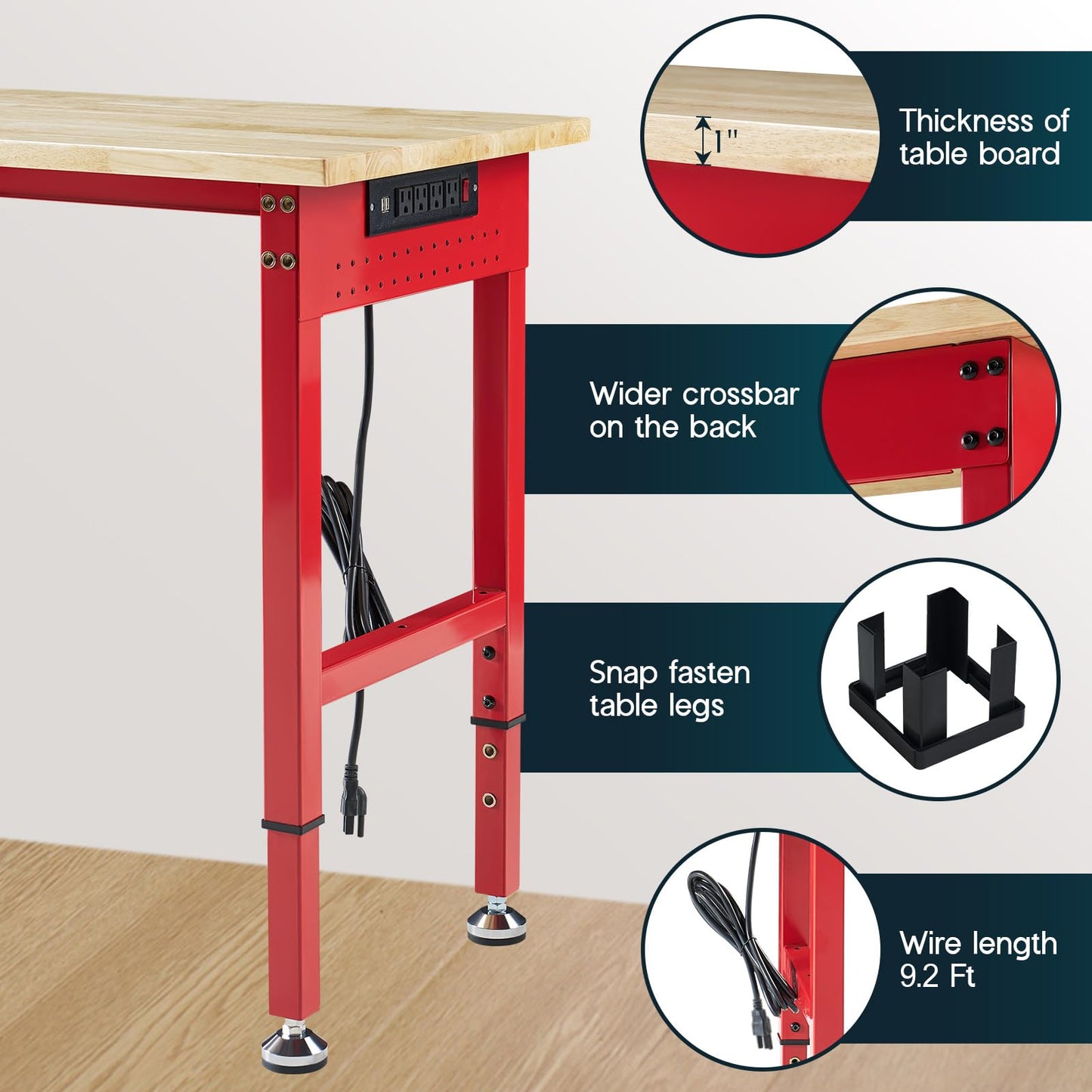 Albott 44x20 Adjustable Workbench with Power Outlets, 2000 LBs Heavy Duty Work Table with Hooks, Solid Rubber Wood Top, for Garage, Woodworking, Workshop, Home Office, Red