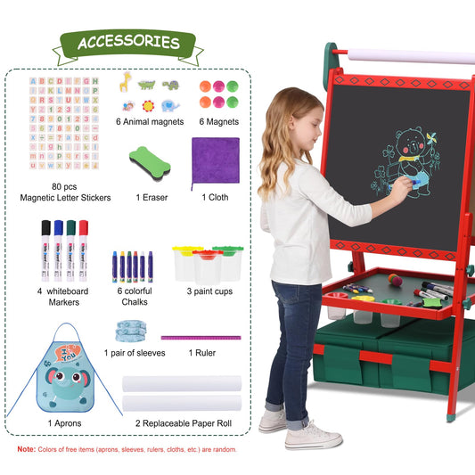 BBV Kids Wooden Easel with Paper Roll, Adjustable Magnetic Double Sided Drawing Board Whiteboard & Chalkboard Dry Easel Board, Children Art Easel for 3~12 Years Kids Boys Girls Painting Drawing（Red）