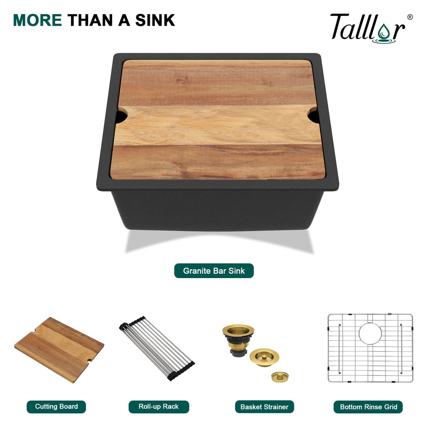 Talllor 21x18 Inch Undermount Bar Sink Workstation - Matte Black Granite Composite Single Bowl Classic Quartz Under Counter Wet Prep Sink for Kitchen Bar, RV, Boat, and Outdoor #TLGU-129