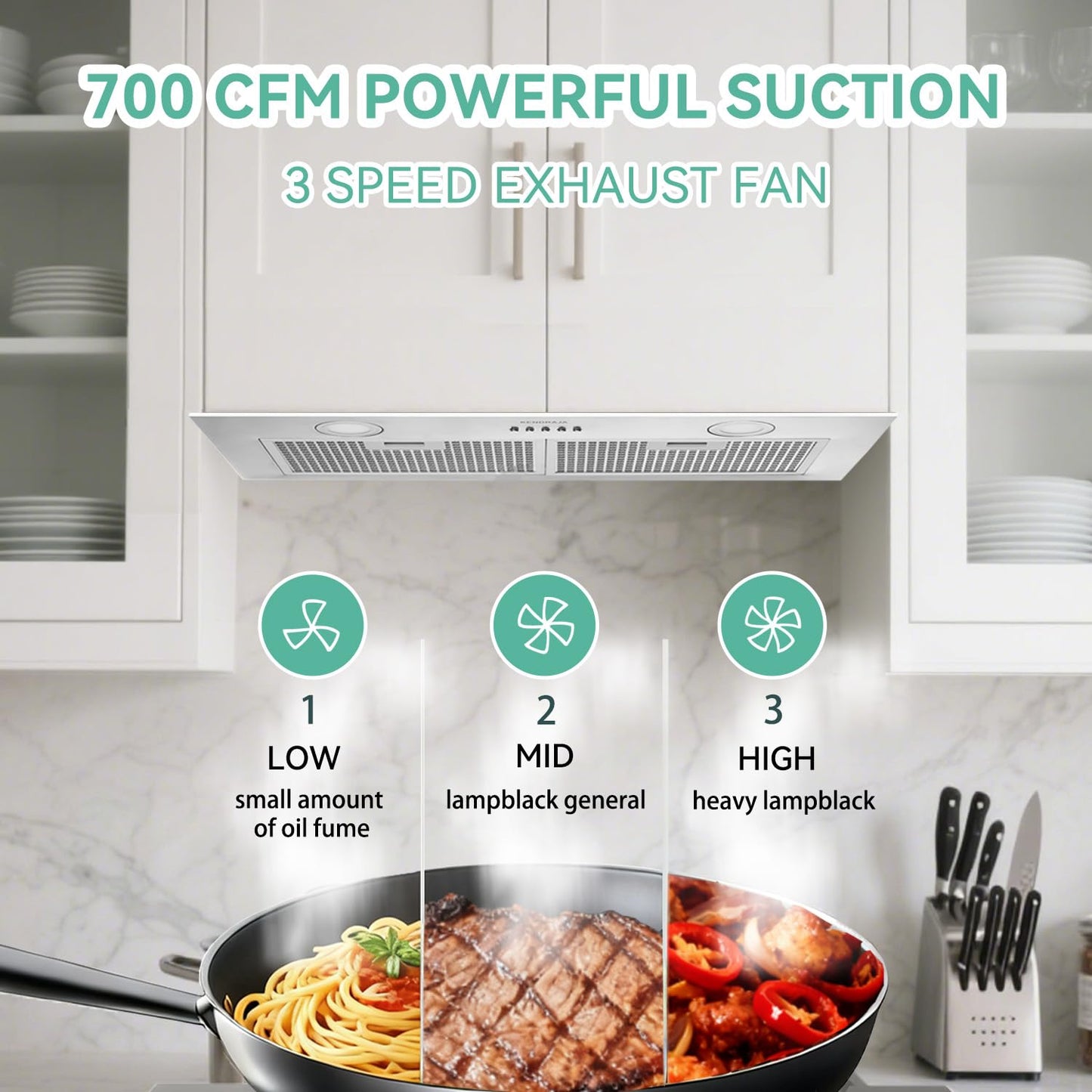 Built-in 30 Inch 700 CFM Kitchen Range Hood Insert | Stainless Steel Stove Vent Hood with Bright LED Lights, Push Button Control | Convertible Ducted/Ductless, Includes Grease & Carbon Filters