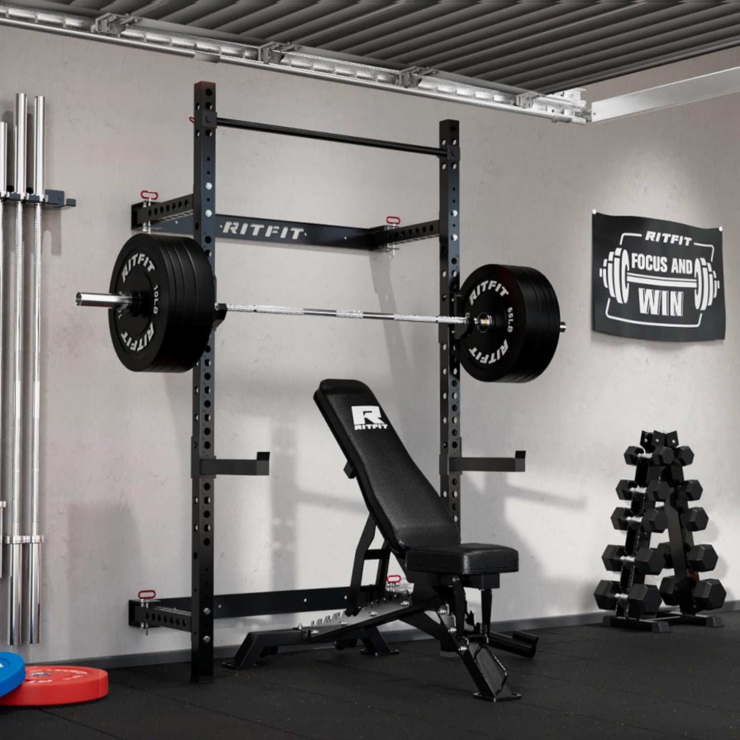 RitFit 2.36'' x 2.36'' Folding Squat Rack for Home Gym, Wall Mounted Squat Rack with Attachments - Space Saving Squat Power Rack, Black