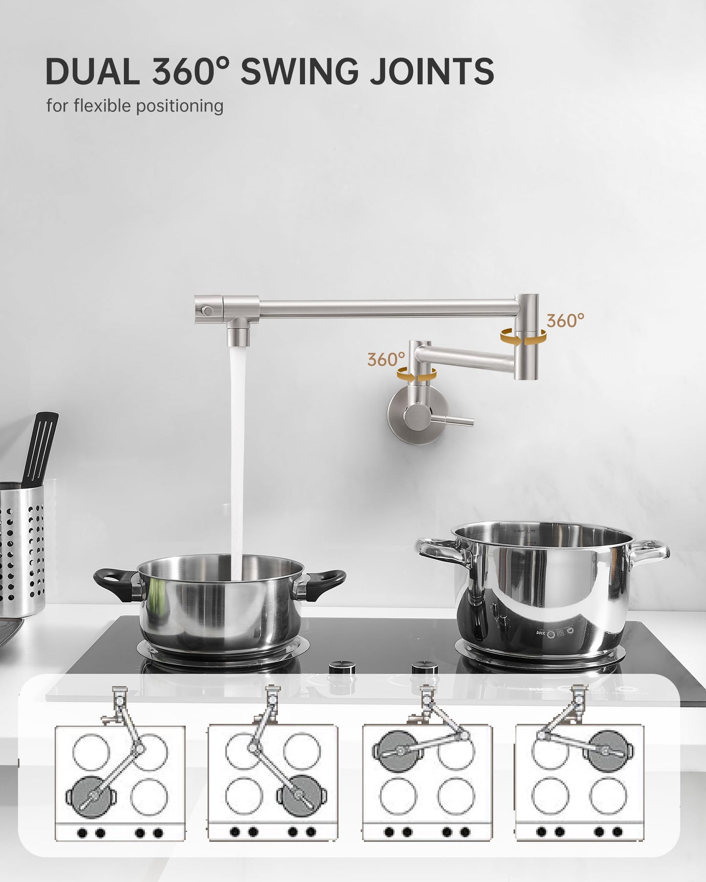 Fransiton Brushed Nickel Pot Filler, Pot Filler Faucet Wall Mount, Brass Folding Stretchable with Double Joint Swing Arm Single Hole Two Handles Kitchen Restaurant