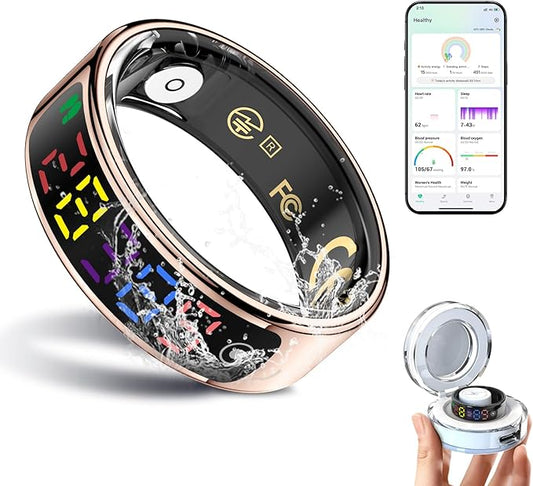 Smart Ring for Women Men, Health Ring with Colorful Display, Fitness Tracker with Heart Rate, Blood Oxygen, Sleep Monitor, No Subscription Fee, 5ATM Waterproof for iPhone & Android (Rose Gold, 12)