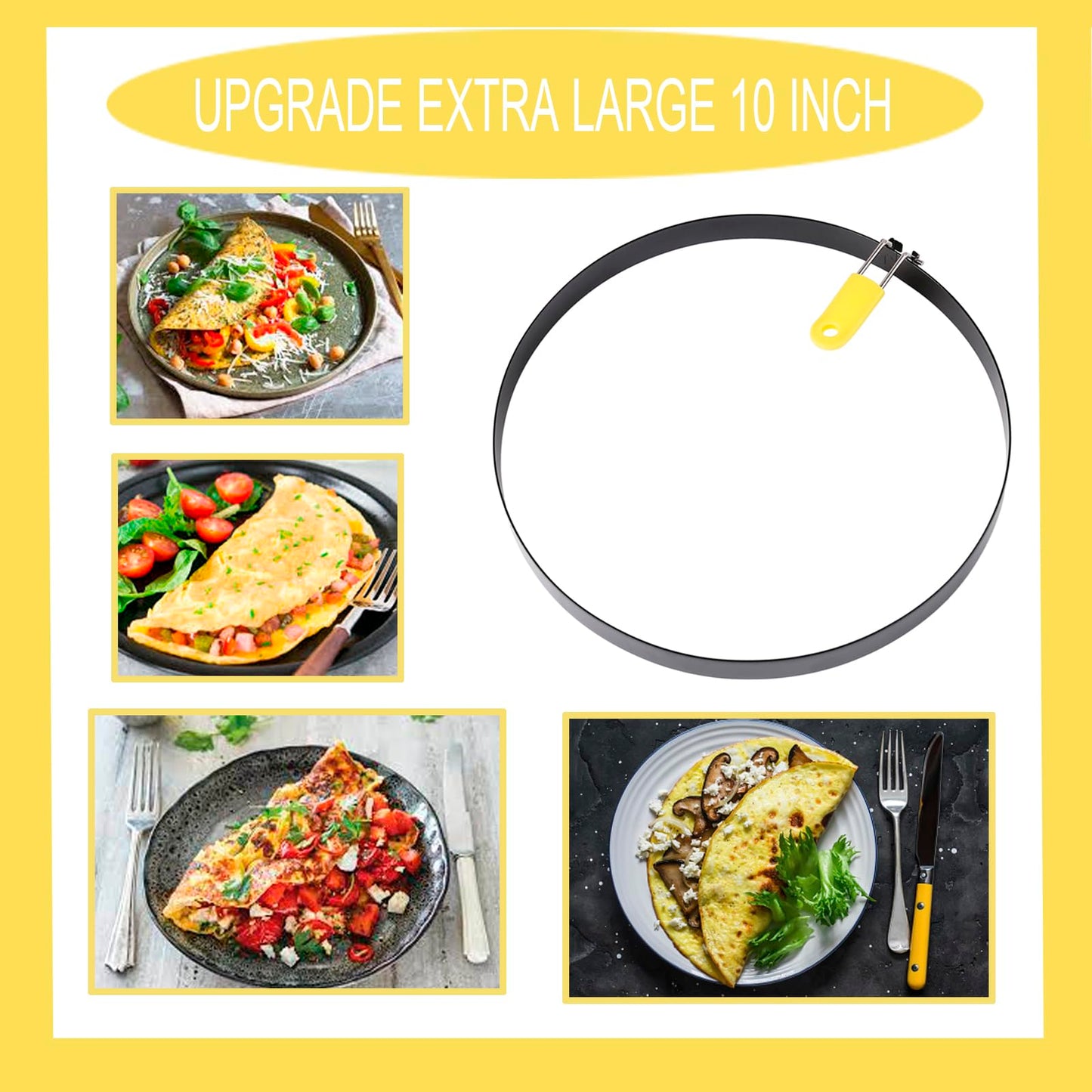 Extra Large 10 Inch Omelette Ring for Griddle, Stainless Steel Pancake Egg Ring With Silicone Handle - Non-Stick Round Creps Crumpet Accessory (2 Packs)