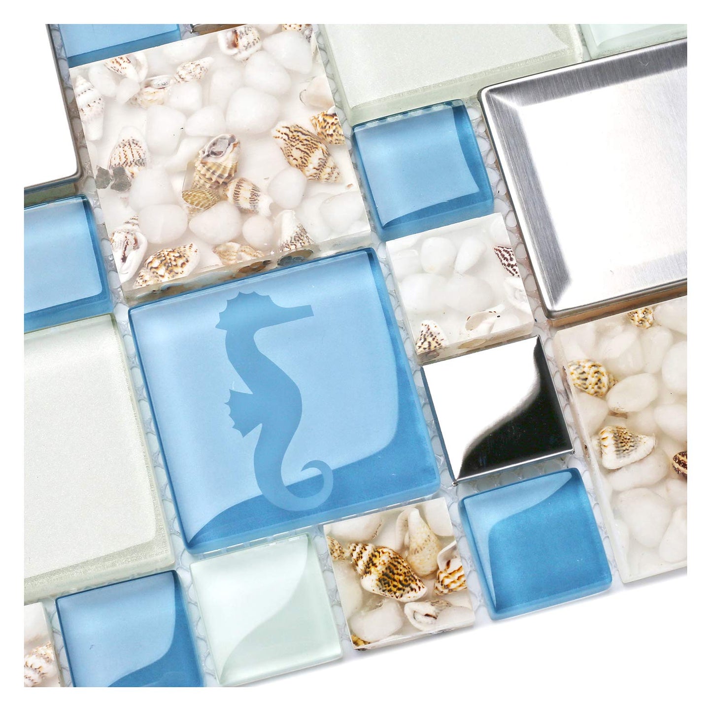 Blujellyfish Blue Sea Glass Tile Backsplash Beach Style Mosaic Tiles Real Seashell Inside (Pack of 5 Sheets)