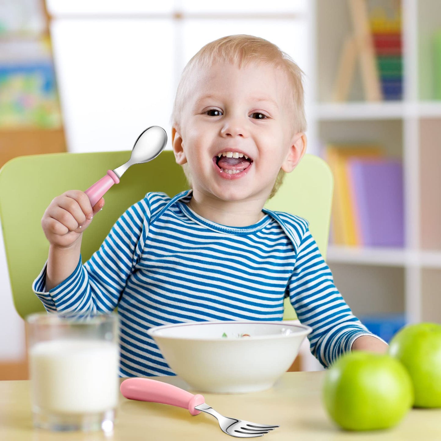 Honeydak 24 Pieces Toddler Utensils Kids Silverware Set Spoons and Forks with Round Handle Toddler Stainless Steel Kids Cutlery Spoons and Forks for Safe Dining Lunch Box Kitchen