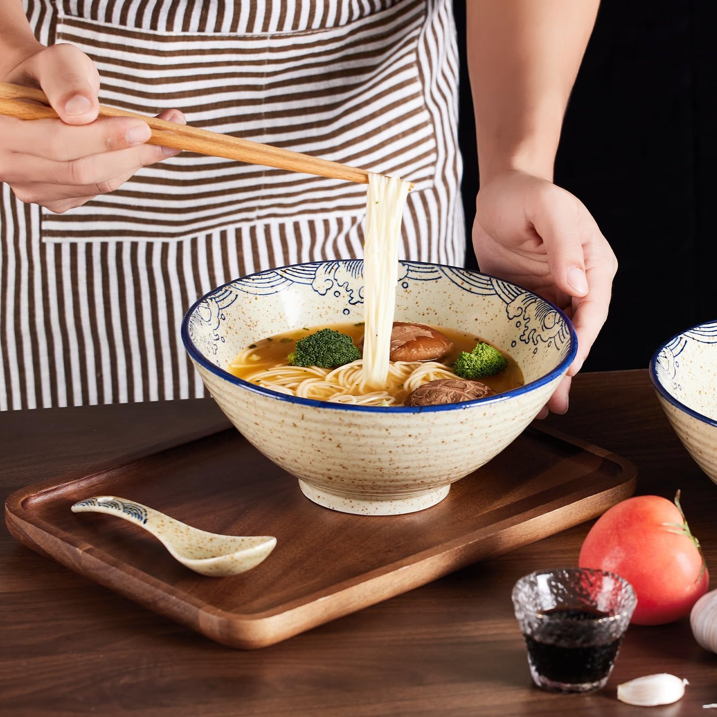 hengshukeji Japanese Ramen Bowl Set 2PCS, 40oz Large Ceramic Noodle Bowls with Chopsticks and Spoons for Pho, Udon, Rice, Pasta – Microwave & Dishwasher Safe (Carp Set (2 pieces))