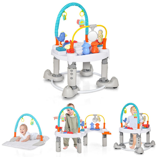 INFANS Baby Bouncer Activity Center, 5 in 1 Toddler Bouncing Activity Saucer Playtime Mat Activity Table with 360°Rotating Seat, 3 Adjustable Height, Foldable Exersaucer Learning Walker (Light Grey)