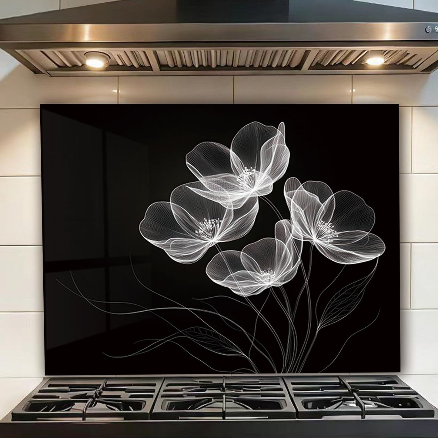 LMSDYSHU Tempered Glass Backsplash for Kitchen, Black line stripes, Frameless, Stove Backsplash Protector for Wall,Easy to Clean, Home Decor (30"x24")
