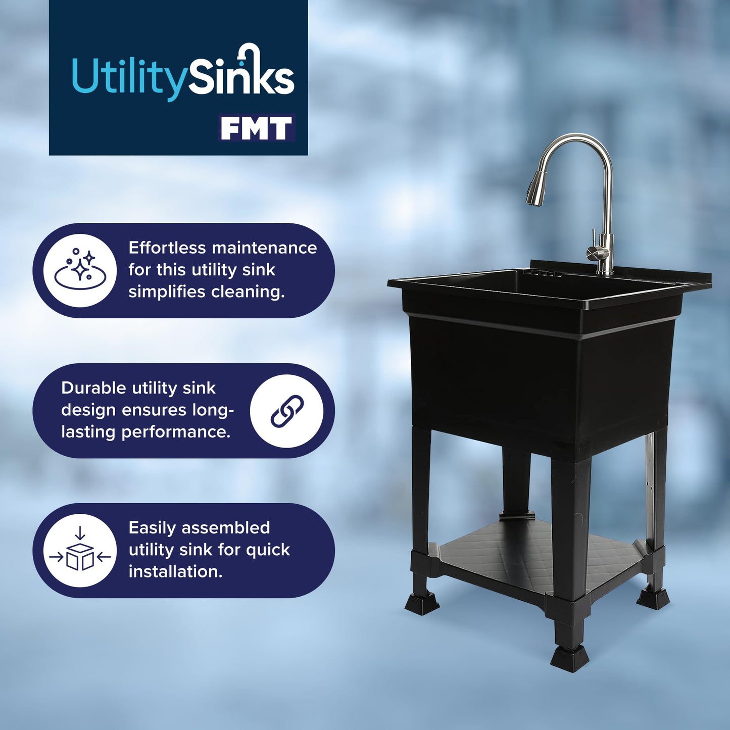 UTILITYSINKS Freestanding Utility Tub Sink with Quick Connect Drain, 24 x 24", Black - Portable and Compact Sink with Faucet for Outdoor Kitchen, Laundry Room, Garage, and Basement
