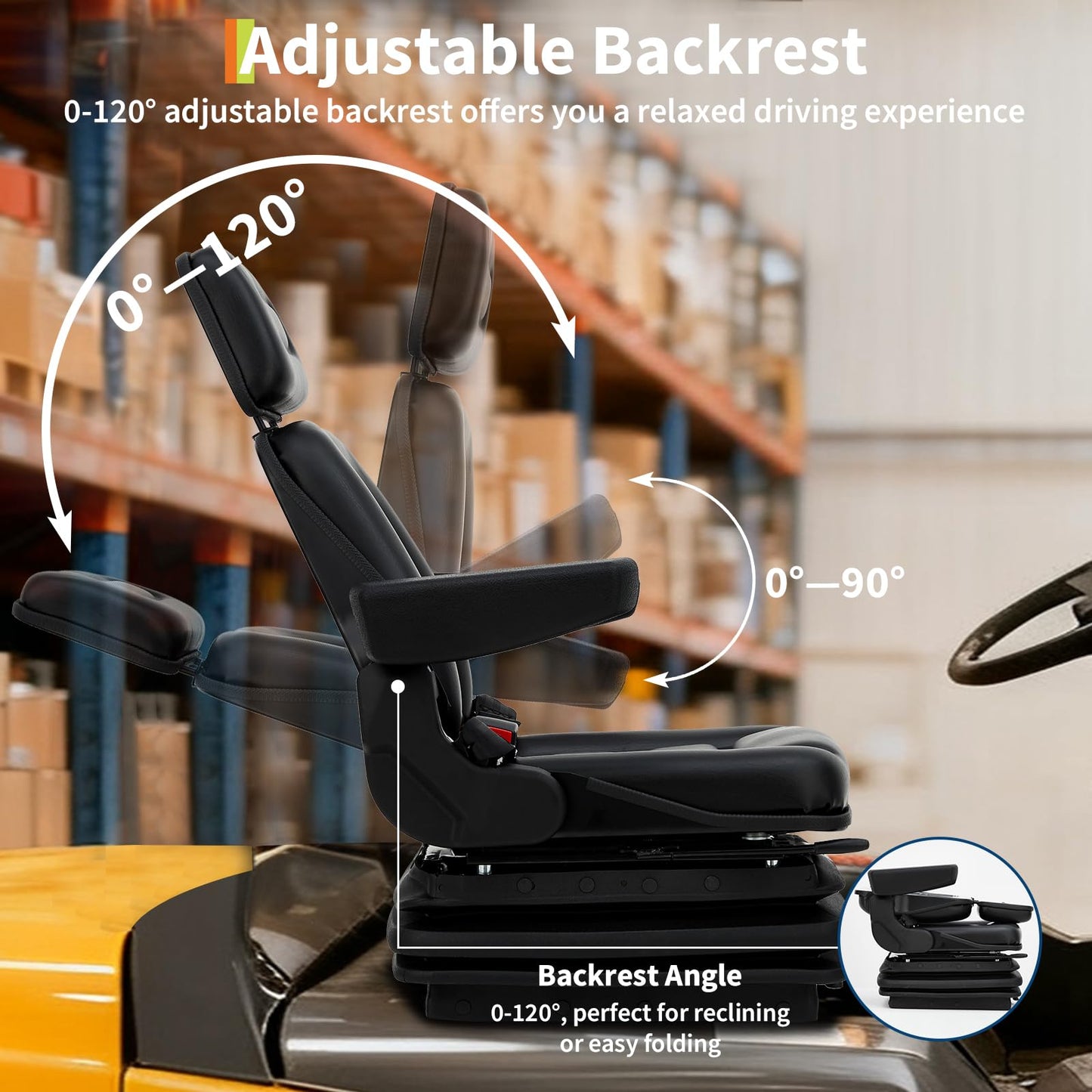 Suspension Seat Adjustable Backrest Headrest Armrest, Forklift Seat with Slide Rails, Foldable Heavy Duty for Tractor Forklift Excavator Skid Steer